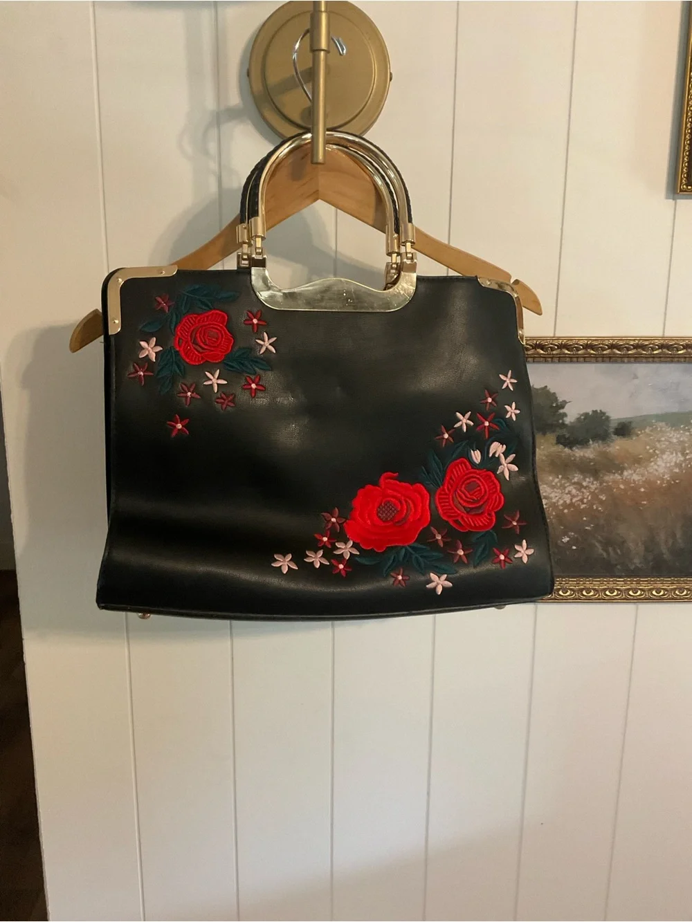 Black Leather Tote with Red Rose Embroidery